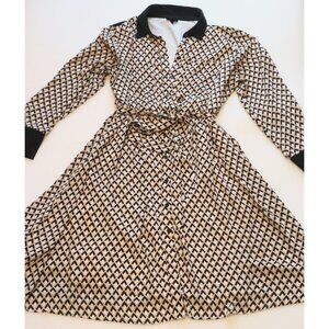 Geometric Print Tie Waist Dress Long Sleeve Black Button Vintage Retro 70s